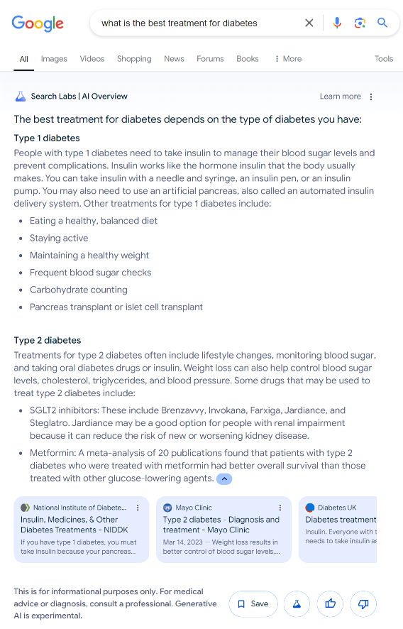 Screenshot of a Google search for "what is the best treatment for diabetes" with an AI Overview showing the answer of the search.