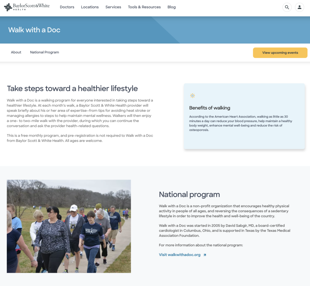 Screenshot of Baylor Scott & White Health's Walk with a doc website page