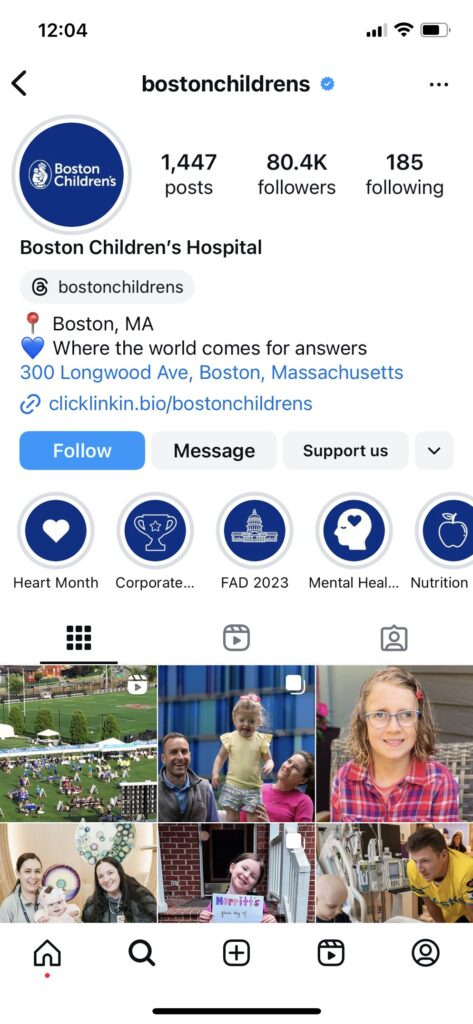 Screenshot of Boston Children's Hospital's Instagram profile. 