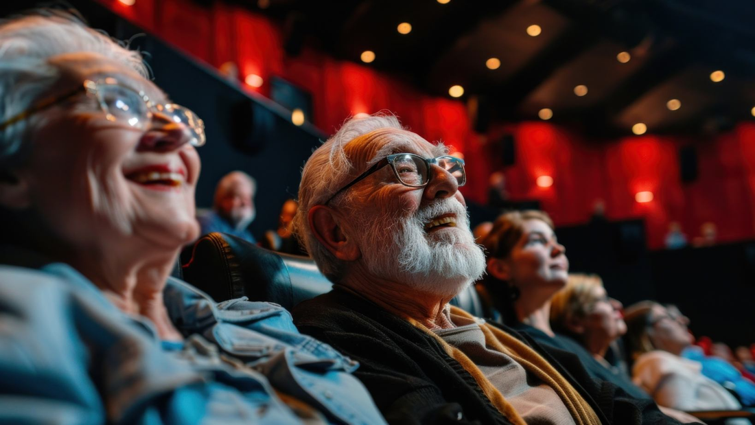 AI image of older adults enjoying a movie in a classic cinema