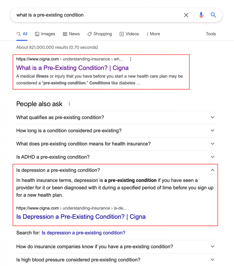 A Google search results page for the query "what is a pre-existing condition"