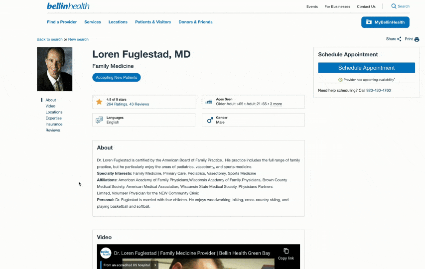 Include online reviews on your physician bio template.