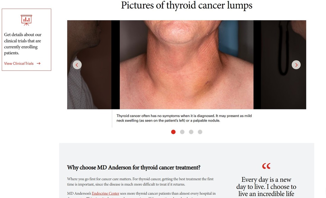 Alt text: Example of multimedia in healthcare marketing: Photos of thyroid lumps on a woman’s neck with a plain language heading and caption, by MD Anderson Cancer Center