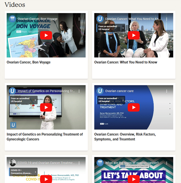 Screenshot of 6 videos on a physician profile page that build trust with patients and demonstrate Dr. Memarzadeh’s expertise in treating ovarian cancer